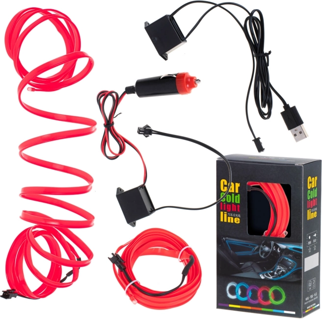 Ambientné LED osvetlenie do auta a interiéru, 3 m, červené, USB a 12 V