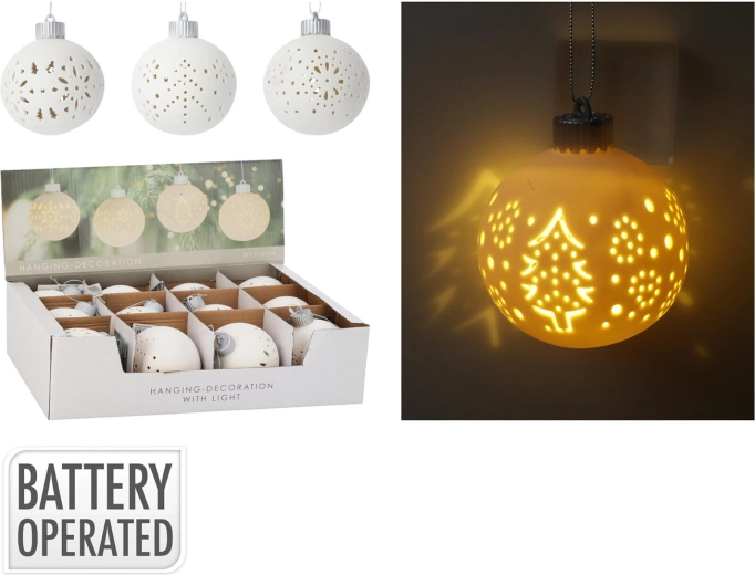 Závesná LED dekoratívna guľa 10 cm – biela, mix motívov