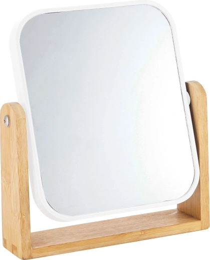 Obdĺžnikové stolové zrkadlo s bambusovým podstavcom, biele 18 × 4,5 × 21 cm