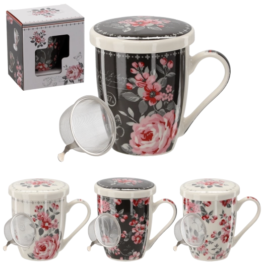 Porcelánový hrnček s viečkom a sitkom 340 ml – kvetinový dizajn