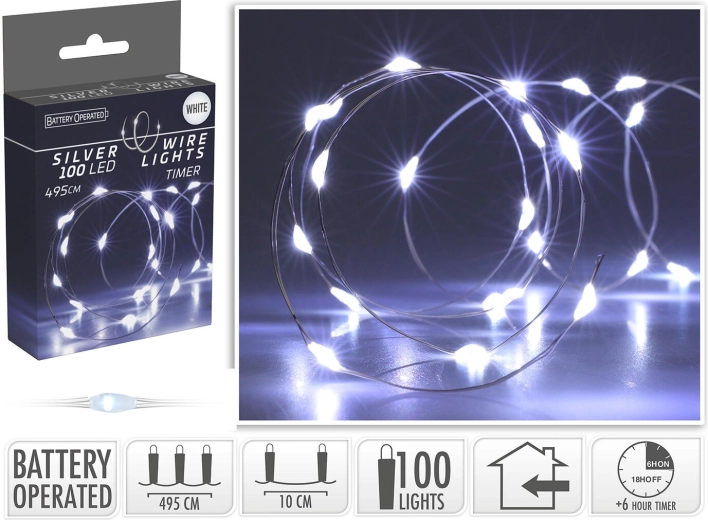 Vianočné LED osvetlenie 4,95 m, 100 LED, studená biela, na drôtiku, s časovačom - 1 kus