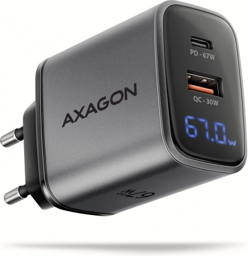 Sieťová nabíjačka AXAGON GaN 67 W s USB‑C PD a USB‑A QC, LED displej