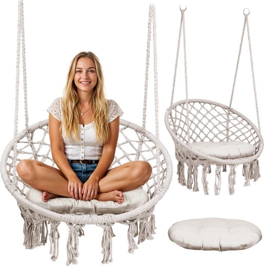 Závesné kreslo boho béžové s vankúšom