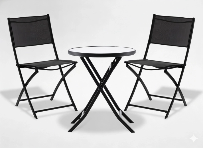 Balkónový bistro set – okrúhly skladací stolík a 2 skladacie stoličky, čierny kov a sklo