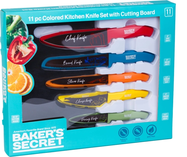 Baker's Secret 11-dielna súprava farebných kuchynských nožov s doskou