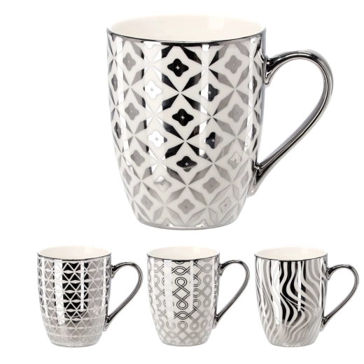Porcelánový hrnček 340 ml v strieborno-bielej farbe s geometrickými vzormi