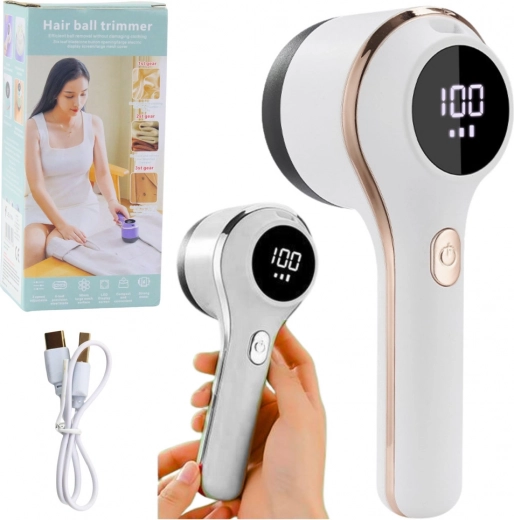 Elektrický odžmolkovač na textil s LED displejom, 3 rýchlosti – biely