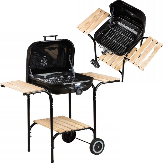 Veľký záhradný gril s nastaviteľným roštom a drevenými poličkami