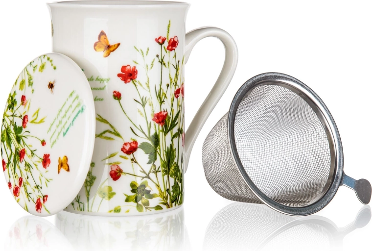 Keramický hrnček s viečkom a nerezovým sitkom 300 ml Meadow Flowers