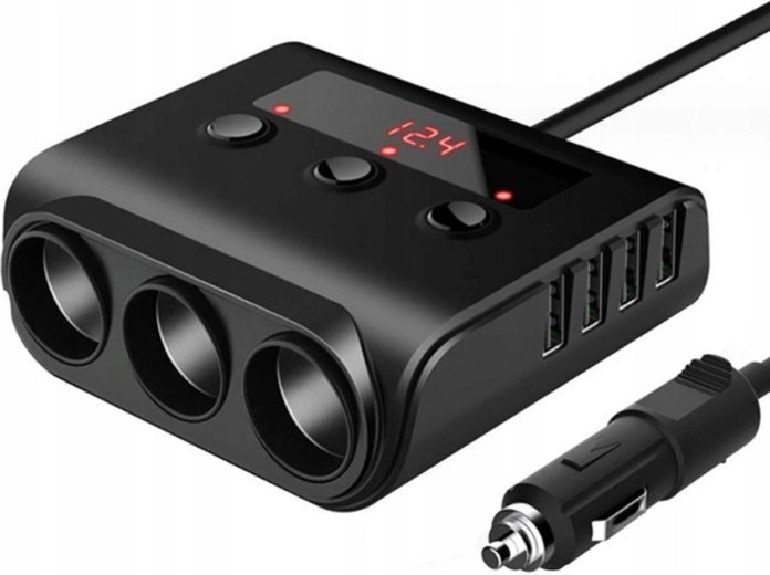 Automobilový rozdeľovač do zapaľovača s 3 zásuvkami a 4 USB portmi
