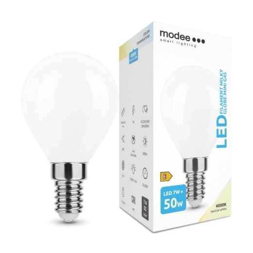 LED žiarovka Modee Smart Lighting Filament Milky Globe Mini E14 7 W neutrálna biela