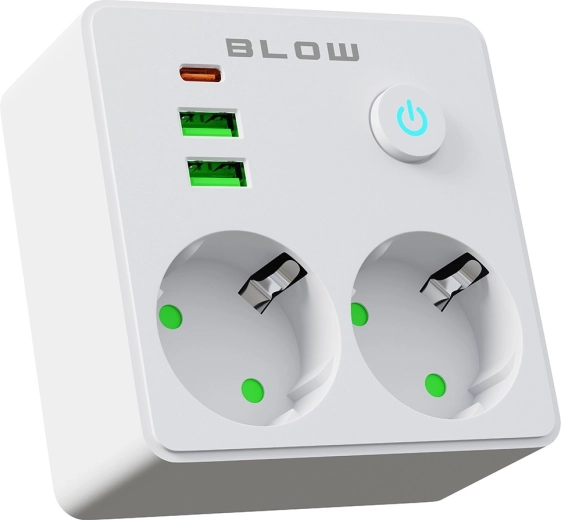 BLOW rozbočovač do zásuvky s 2 zásuvkami, 2× USB a USB‑C, biely