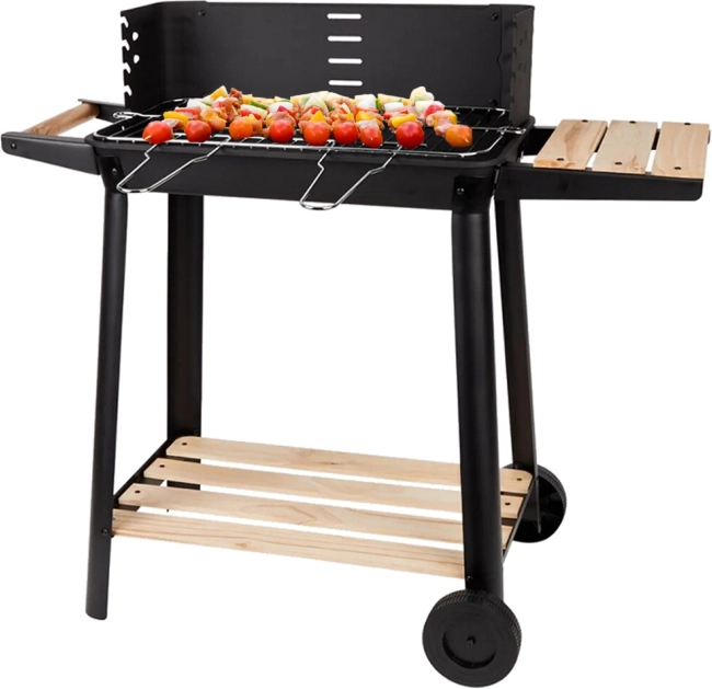 Záhradný prenosný gril na drevené uhlie s nastaviteľným roštom a policami