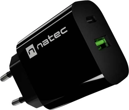 Natec Ribera sieťová nabíjačka 20 W, USB-A + USB-C, čierna