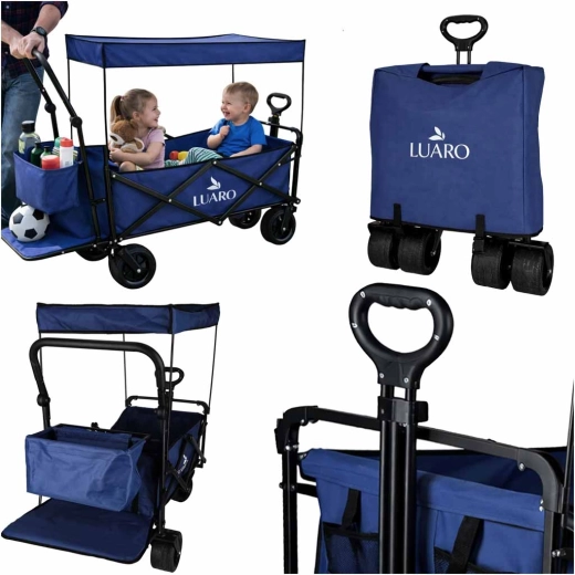 Skladací transportný vozík LUARO so strieškou a sieťou 120 l, tmavomodrý