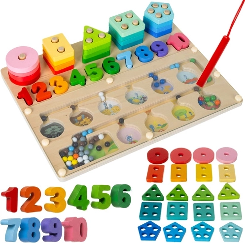 Drevený Montessori triedič 3v1 Kruzzel (magnetický labyrint, tvary a čísla) 30 × 22,5 cm