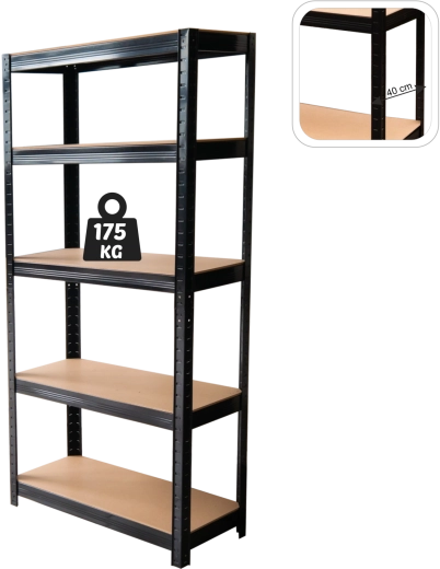 Päťpolicový kovový regál 180 × 90 × 40 cm, čierny, nosnosť police 175 kg