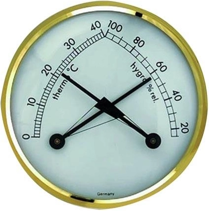 Kovový teplomer a vlhkomer s mosadzným krúžkom, priemer 7 cm, nástenný