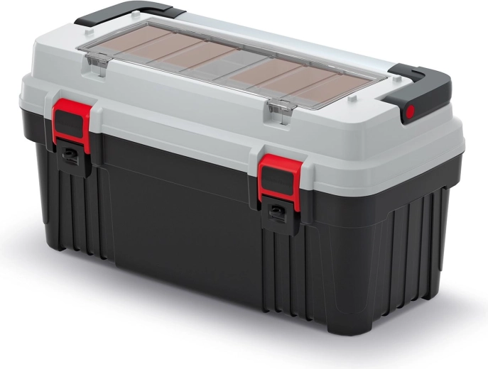 plastový kufor na náradie s kovovou rukoväťou a organizérmi Optima, sivý, 586 × 296 × 305 mm