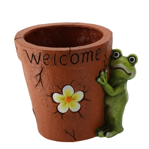Záhradný kvetináč so žabou a kvetom Welcome