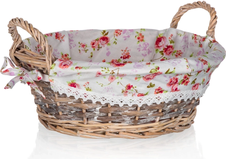 Prútený okrúhly košík s látkou ROSES 30 × 12 cm s úchytmi
