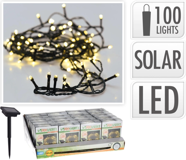 Solárny vianočný LED reťaz 2 m, 100 LED, teplá biela, zelený drôt