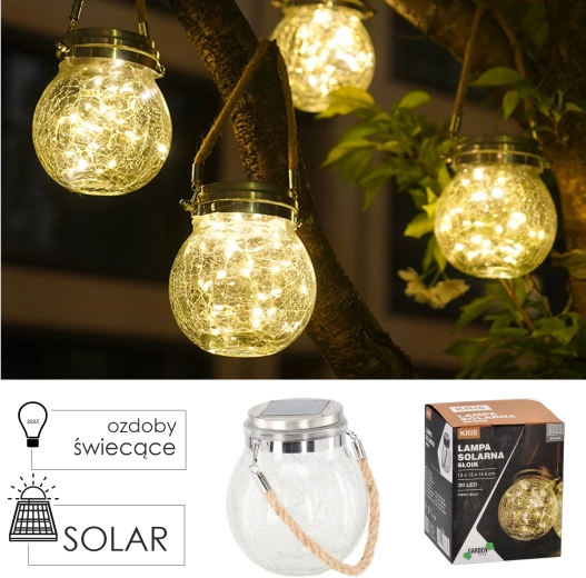 Solárna závesná lucerna v tvare krabičky z prasknutého skla 12 × 12 × 14,5 cm, teplá biela