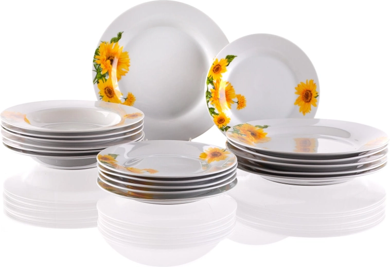 Porcelánová jedálenská súprava so slnečnicovým motívom SUNNY, 18 dielov, biela