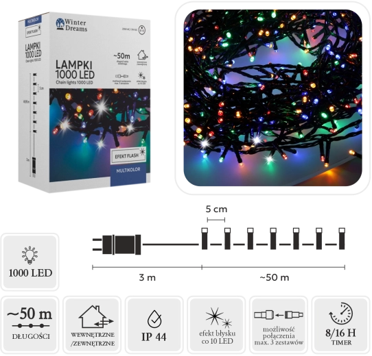 LED svetelná reťaz s 1000 diódami, multicolor, so studeným blikaním, 50 m