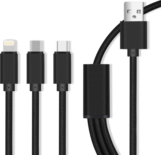 Maxlife nylonový nabíjací kábel 3v1 Micro USB / USB-C / Lightning 2.1 A, čierny