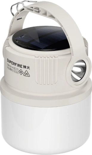 Kempingová lampa superfire t22 so solárnym nabíjaním a 360° svietením