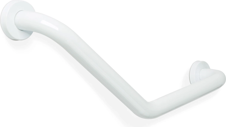 Biele nástenné kúpeľňové madlo z nehrdzavejúcej ocele 45° 25 + 25 cm
