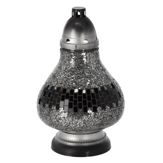 Sklenený hrobový svietnik vitráž karafa, strieborný, 34 cm, výdrž až 50 hodín