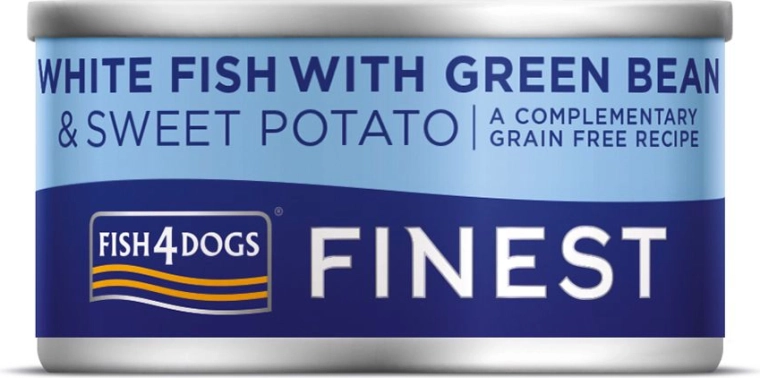 Konzerva pre psy s bielou rybou, sladkými zemiakmi a zelenými fazuľkami FISH4DOGS 85 g