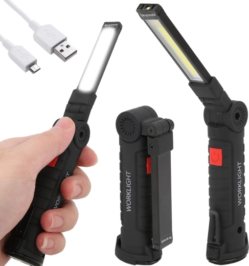 Magnetická dielenská LED lampa s USB, skladacia rukoväť 5v1