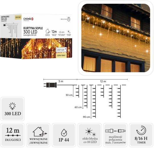 Svetelný záves – rampúchy 300 LED teplá biela 15 m - 1 kus