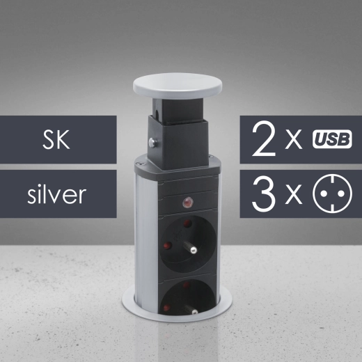Výklopná stolová zásuvka s 3 zásuvkami a USB portmi, strieborná