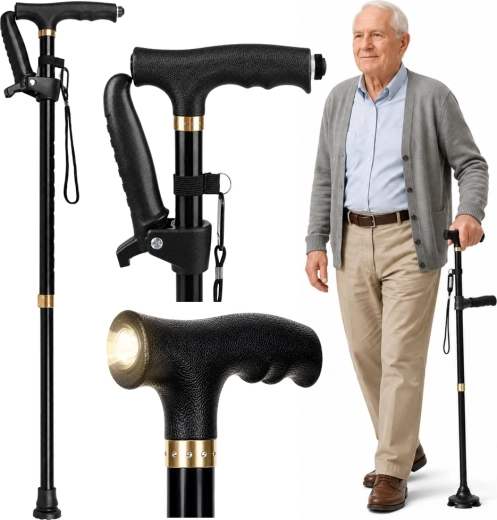 Skladacia nastaviteľná palica s LED svietidlom pre seniorov – čierna