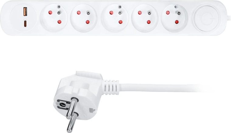 Solight predlžovací prívod s 5 zásuvkami a USB A/C nabíjaním, 3 m, biely