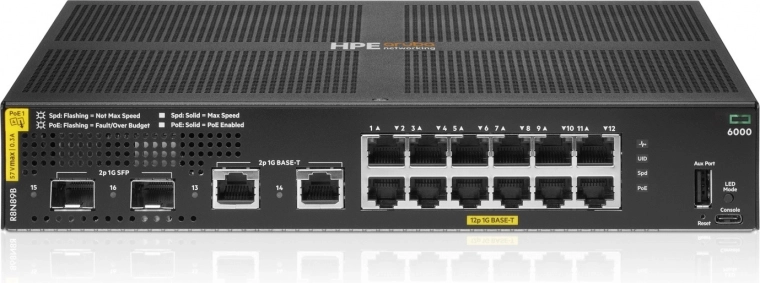 Aruba Networking CX 6000 spravovaný prepínač 12× Gigabit PoE+ (Class 4) + 2× Gigabit + 2× SFP, 139 W (R8N89B)