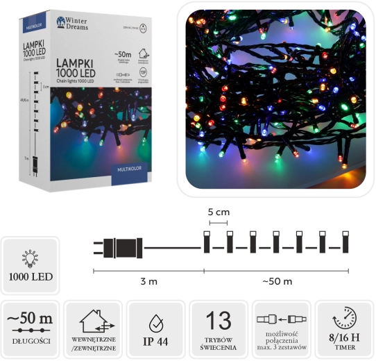 Viacfarebná LED svetelná reťaz s 1000 LED, 50 m