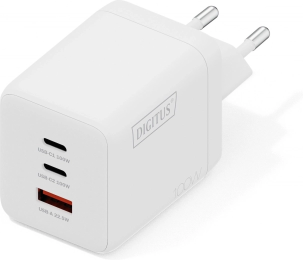 Nástenná USB GaN nabíjačka 100 W, 2× USB‑C a 1× USB‑A, biela