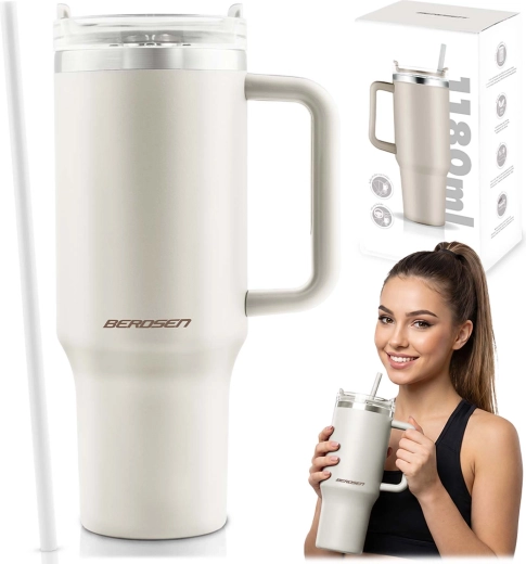 Termohrnček Berdsen so slamkou 1180 ml krémový