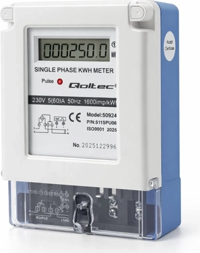 Qoltec jednofázový elektromer spotreby energie 230 V 5(60) A LCD