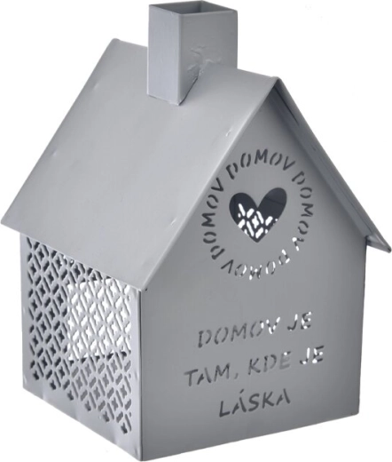 Kovový domček Domov – svietnik na čajovú sviečku, sivý 15 cm