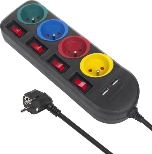 Predlžovací prívod Maclean Energy so 4 zásuvkami, individuálnymi vypínačmi a 2× USB, čierny