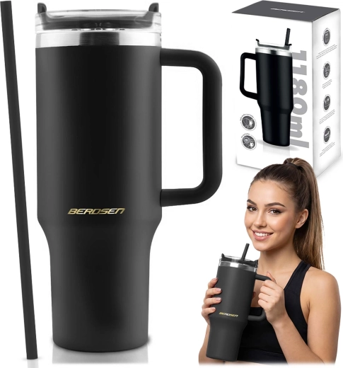 Termohrnček Berdsen so slamkou 1180 ml čierny