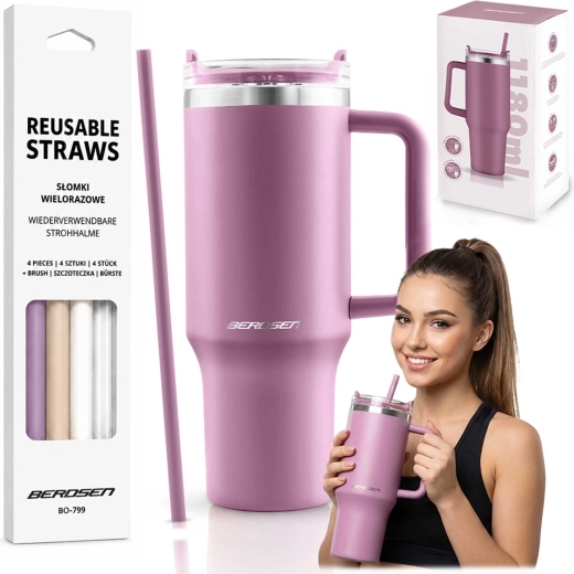 Berdsen vákuový termopohár 1180 ml so sadou slamiek, ružový