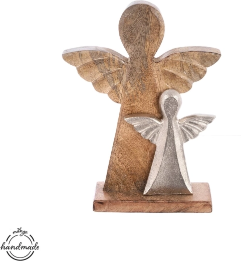 Anjel z mangového dreva s kovovým detailom 32,5 cm