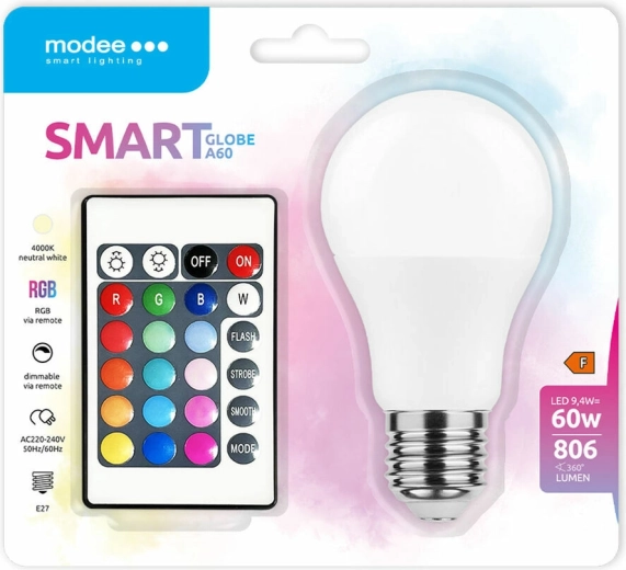 Modee LED smart žiarovka A60 9,4 W E27 RGB-W 806 lm s diaľkovým ovládaním